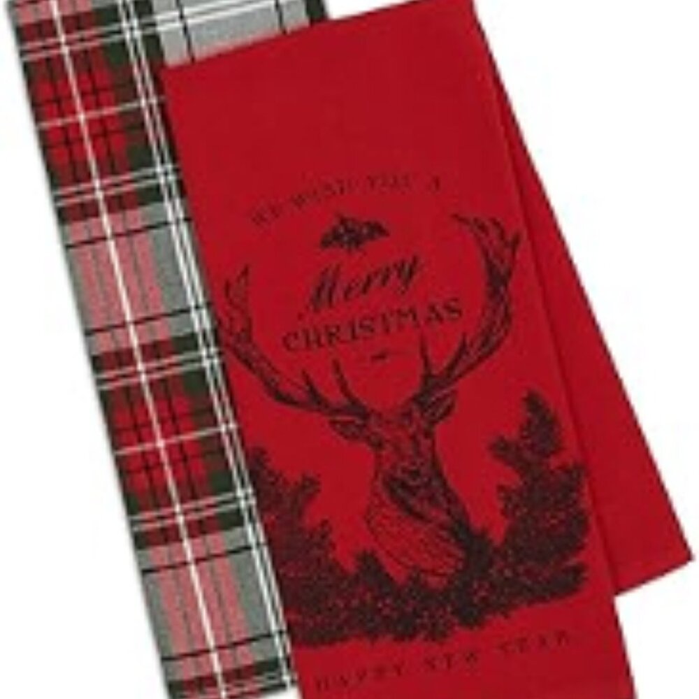 DII Christmas Stag and Holiday Tartan Plaid Kitchen dishtowel set of 2 NEW
